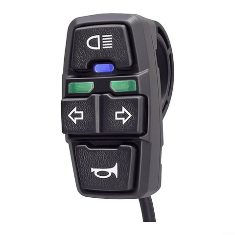 Upgrade Your Ride With This Cool DK336 E-Bike Handlebar Switch That Masters Turn Signals And Front Light Control For Scooters And Trikes. black plastic handlebar switch with headlight, turn signal, and horn buttons for e-bikes