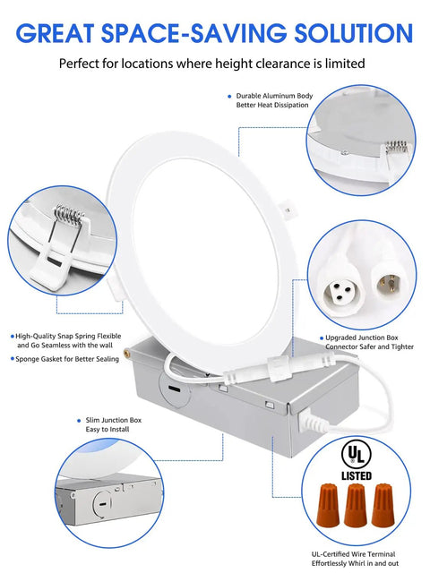 12 Pack 6 Inch Slim LED Recessed Lights With Junction Box, Ultra Thin Canless Downlights, 900 Lumen Brightness, 5000K Daylight