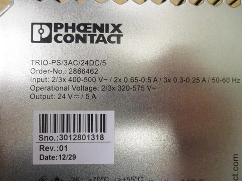 Three Phase 24 Volt DC 5 Amp DIN Rail Mounted Power Supply Enclosed Primary Switched Trio Power For Industrial Automation, Conveyor Belt And Wash System Controls. Phoenix Contact label