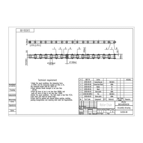 Technical drawing of PGN CA550 Agricultural Conveyor Roller Chain, 10-foot length, carbon steel, for industrial use.