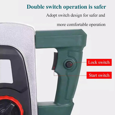 Power-Packed 2400/3000W Electric Brick Cutter With Spare Chain handle showing lock and start switch