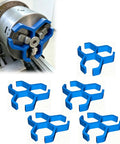 Rock Solid Spacer Chuck Stop For 3-Jaw Lathe Chuck, blue precision machined steel tool for clamping, multiple angles shown