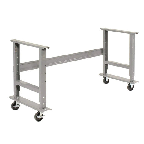 Mobile Adjustable Height Workbench frame with gray steel legs and heavy duty casters, 60x30 inches, 2000 lb capacity, shown without top.