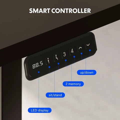 FLEXISPOT Electric Standing Desk With 40x24 Seamless One-Piece Black Desktop Smart controller with LED display and height adjustment.