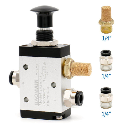 3 Way 2 Position Pneumatic Hand Valve With Handy Manual Control, One Quarter Inch PT Port, Normally Closed, 3 Port Valve, Cv 0.89