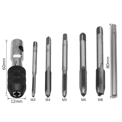 Metric Tap Set With Adjustable T Handle Tap Wrench 5 Piece M3 M4 M5 M6 M8 Taps For Metal Aluminum Plastic Wood DIY Machinist Kit