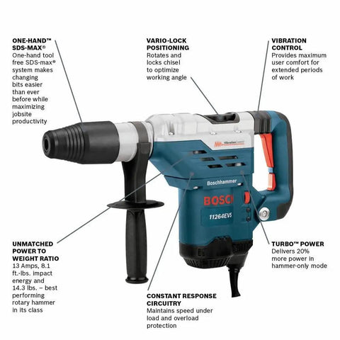 Heavy-Duty SDS Max Rotary Hammer Drill, 13 Amp, 120V, showing key features and branding