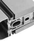 Close-up of adjustable zinc alloy shelf bracket for glass and wood shelves with clamp range, silver finish, wall support detail