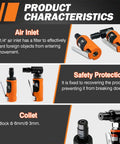 Pneumatic Air Die Grinder Set With Straight And Angled Heads 20K To 25K Rpm Free Spin features an air inlet filter and collet sizes 6mm and 3mm.