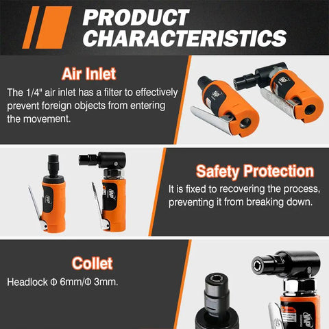 Pneumatic Air Die Grinder Set With Straight And Angled Heads 20K To 25K Rpm Free Spin features an air inlet filter and collet sizes 6mm and 3mm.