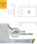 Illustration of Go To Cable Protector Plate for Wood Studs 2-9/16 Inch with integral spikes and dimensions