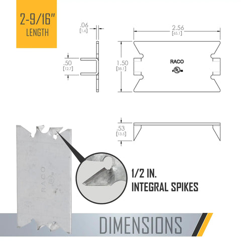 Illustration of Go To Cable Protector Plate for Wood Studs 2-9/16 Inch with integral spikes and dimensions