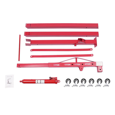 Tough as Nails Hydraulic Engine Hoist 1 Ton Cherry Picker Shop Crane parts laid out including red steel frame and pulleys