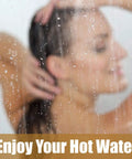 Person enjoying shower behind glass with text 'Enjoy Your Hot Water', highlighting the benefits of Magnesium Anode Rod For Water Heaters 9.25 Inch Length 3/4 Inch NPT Fits Suburban Mor-Flo RV Tanks Prevent Tank Corrosion And Extend Water Heater Life For Your Camper.