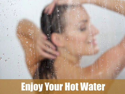 Person enjoying shower behind glass with text 'Enjoy Your Hot Water', highlighting the benefits of Magnesium Anode Rod For Water Heaters 9.25 Inch Length 3/4 Inch NPT Fits Suburban Mor-Flo RV Tanks Prevent Tank Corrosion And Extend Water Heater Life For Your Camper.