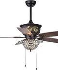 Antique Bronze 52-Inch Ceiling Fan With Crystal Bowl And Five Wood Blades, Hand Pull Chain, Requires Three 60W E26 Bulbs, ETL Listed