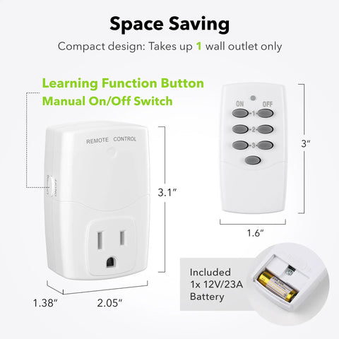 Mini Wireless Remote Outlet Kit With One Remote And Three Outlets For Household Appliances showing remote dimensions and battery