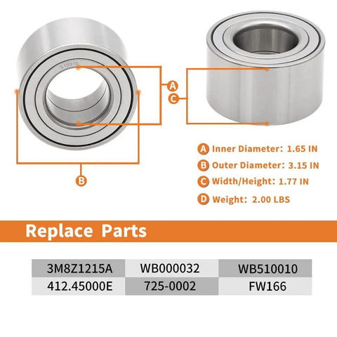 Heavy Duty Wheel Hub Bearing Replacement For Ford Fusion And Jaguar XJ8 XJR XK8 XKR Kia Spectra Lincoln Zephyr Mazda 3 5 6 Mercury Milan Front Or Rear Easy Install Non ABS showing dimensions and part numbers.