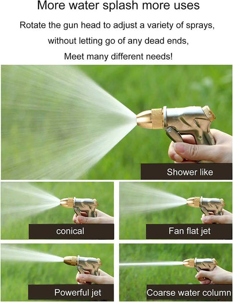 Various spray settings of brass spray gun for Straight Up Premium Stainless Steel Garden Hose Cart With Forty Meter High Pressure Thick Wall Hose.