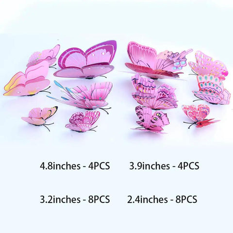 Pink 24 Piece 3D Butterfly Wall Decor Set With Removable Decals for Girls' Room, assorted wing sizes and foldable wings show details