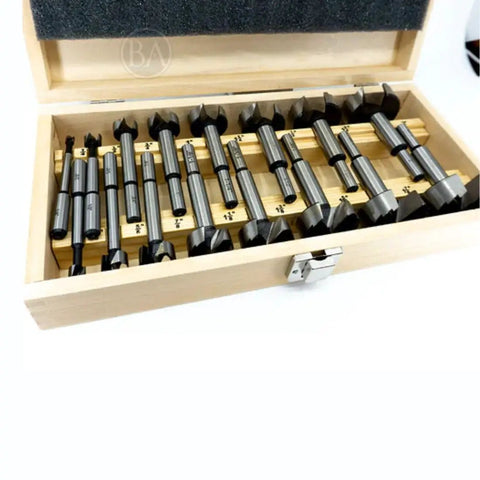 Top Shelf 16 Piece Forstner Bit Set Tank Built Heat Treated Carbon Steel Woodworking Drill Bits in wood case.
