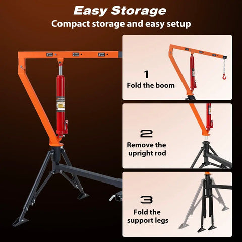 Beefy Heavy Duty Receiver Hitch Mounted Hydraulic Swivel Crane for Trucks with Telescoping Boom showing easy storage steps.