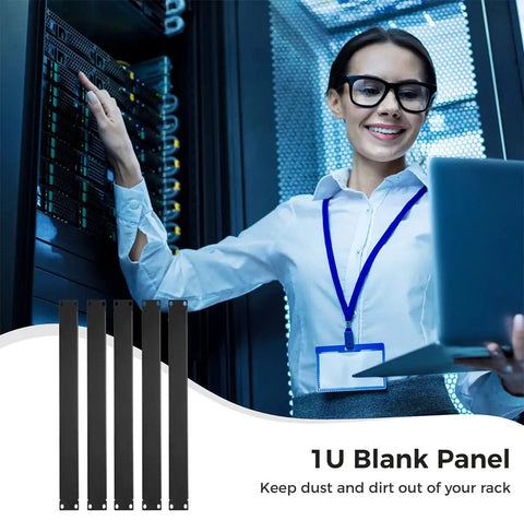 Plug And Play 5 Pack 1U Blank Panels Premium Steel Rack Mount Filler Plates in server rack with professional user.