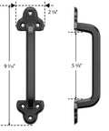 Heavy Duty 9 Inch Antique Barn Door Handle Set Of 2, Rugged Rustic Retro Cast Iron Pulls For Gates Garages Sheds And Furniture, Black Powder Coated Finish, Square, showing side and front views with measurements.