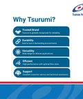 Graphic overview of Tsurumi's trusted brand benefits including durability, versatility, efficiency, and support.