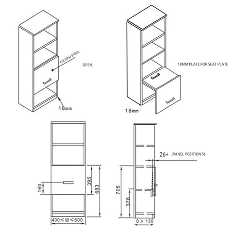 Diagram of a cabinet with measurements for folding stool installation, showing 18mm plate for seat plate and panel positions.