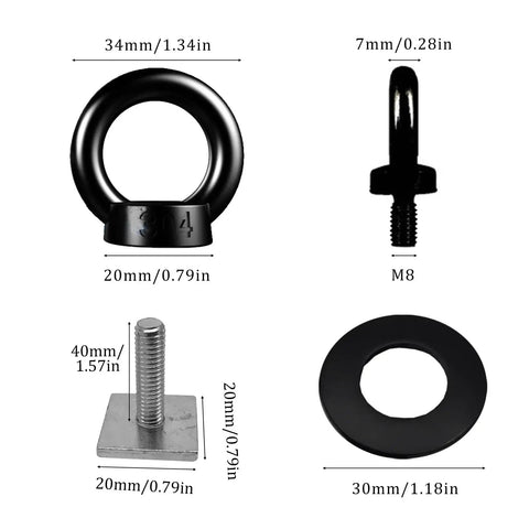 Dimensions and components of M8 Eye Bolt 4 Pack For Roof Rack And T Slot Systems Black Heavy Duty Tie Down Rings.