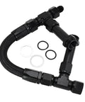 Premium Dual Inlet Fuel Line Kit With 8 An Male Flare Thread And 7/8" Size Built For Holley 4150 Carburetors Super Tough Black Finish That Nails The Look Plus Easy Swap Install For Your Ride. Black dual inlet fuel line kit with braided hose, 8AN fittings, and O-rings for Holley 4150 carburetors