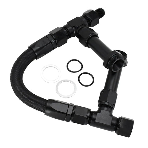 Premium Dual Inlet Fuel Line Kit With 8 An Male Flare Thread And 7/8" Size Built For Holley 4150 Carburetors Super Tough Black Finish That Nails The Look Plus Easy Swap Install For Your Ride. Black dual inlet fuel line kit with braided hose, 8AN fittings, and O-rings for Holley 4150 carburetors