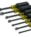 Long Reach Hollow Shaft Nut Driver Set With Cushion Grip Handles, 7-piece, chrome and plastic handles, lined in ascending size