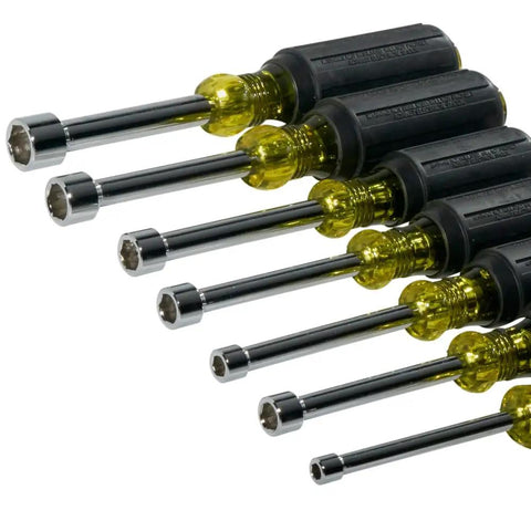 Long Reach Hollow Shaft Nut Driver Set With Cushion Grip Handles, 7-piece, chrome and plastic handles, lined in ascending size