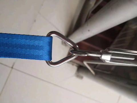 Beefy Stainless Steel 316 Marine Grade Triangle Ring Buckle Welded V Shaped Heavy Duty Ring 30mm Inside Width in use with rope.
