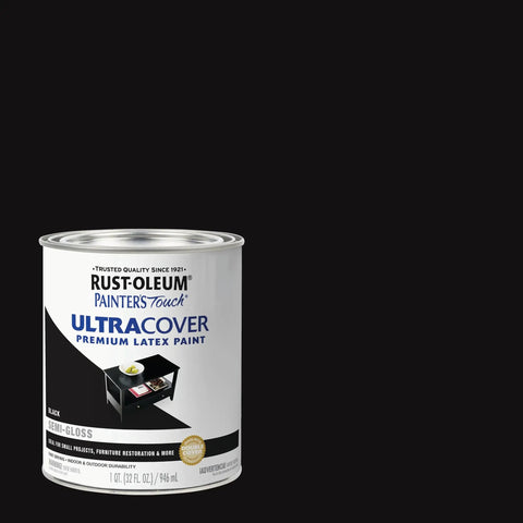 Painter's Touch Latex Paint In Semi-Gloss Black 32 Fl Oz can, front view showing label and packaging design.