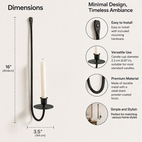 Super Rock Solid Iron Wall Candle Sconces Set Of Two Matte Black Metal Hanging Mount For Modern Farmhouse Living Room Fireplace Straight Up Premium Decor dimensions with a candle.