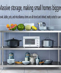 Heavy Duty Three Tier Stainless Steel Shelving Unit Rock Solid Kitchen Storage Rack For Restaurant Garage And Home With Anti Skid Pads And Hassle Free Build Crushing Clutter Daily with pots, bowls, and kitchen appliances.