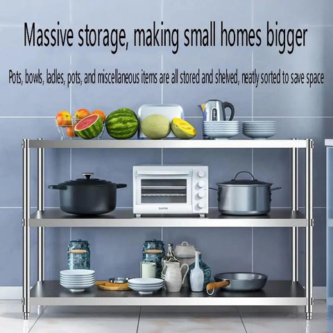 Heavy Duty Three Tier Stainless Steel Shelving Unit Rock Solid Kitchen Storage Rack For Restaurant Garage And Home With Anti Skid Pads And Hassle Free Build Crushing Clutter Daily with pots, bowls, and kitchen appliances.