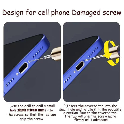 Damaged Screw Removal Kit For Cell Phones And Electronics with 2.35mm drill bit removing a screw from phone case