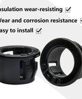 50 Pack Black Snap In Cable Bushing Protectors SB 13 For Three Eighths Inch Cables Nylon Grommet With 1/2 Inch Mounting Diameter Inner Dia 0.4 Inch Outer Dia 0.64 Inch Durable Corrosion Resistant showing two grommets angled with description text