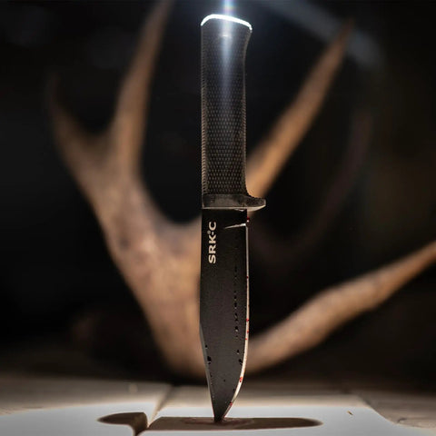 SRK Compact Fixed Blade Knife with 5 inch SK-5 clip point blade and Kray-Ex handle in vertical position