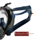 Full Face Respirator Mask for Organic Vapors and Paint Fumes with Dual Cartridges, side view featuring adjustable strap