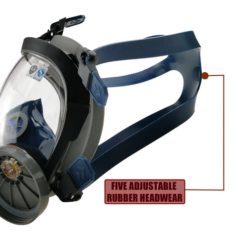 Full Face Respirator Mask for Organic Vapors and Paint Fumes with Dual Cartridges, side view featuring adjustable strap