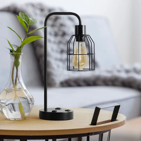 Industrial Bedside Lamp Set Of 2 With USB Ports And Built In Outlet Boho Cage Shade Desk Lamp For Bedroom Or Living Room