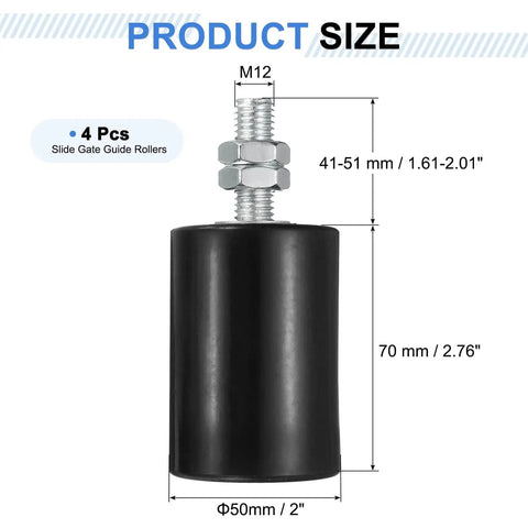 4 Pack Nylon Gate Guide Rollers For Sliding Doors, 1.97 In Dia By 2.76 In L, Sealed Ball Bearing Wheels, M12 Thread, Black