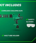 18V MultiVolt Cordless Caulking Gun With AntiDrip Function And Variable Speed Lightweight Tool Only No Battery High Capacity Dispenser That Delivers Up To 165 Tubes Per Charge kit includes caulking gun, tube holder, and safety glasses.