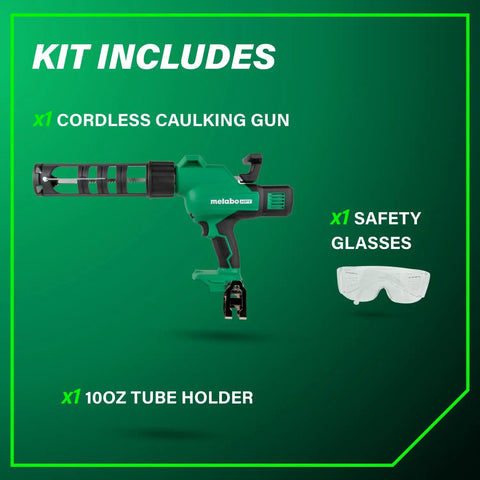 18V MultiVolt Cordless Caulking Gun With AntiDrip Function And Variable Speed Lightweight Tool Only No Battery High Capacity Dispenser That Delivers Up To 165 Tubes Per Charge kit includes caulking gun, tube holder, and safety glasses.