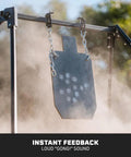 Two Pack AR500 Steel Silhouette Targets For Precision Target Shooting, hanging target with chains, outdoors with dust cloud impact